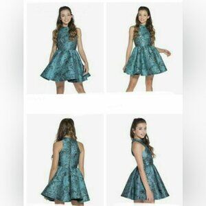 NWT MISS BEHAVE GIRLS Ruby Metallic Turquoise V Neck Fit & Flare Teal Dress Sz12